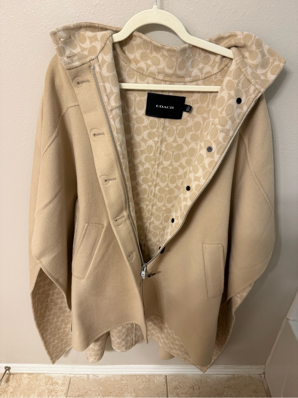 COACH Neutral Cream Hooded Wool-Blend Cape with Signature Jacquard Lining